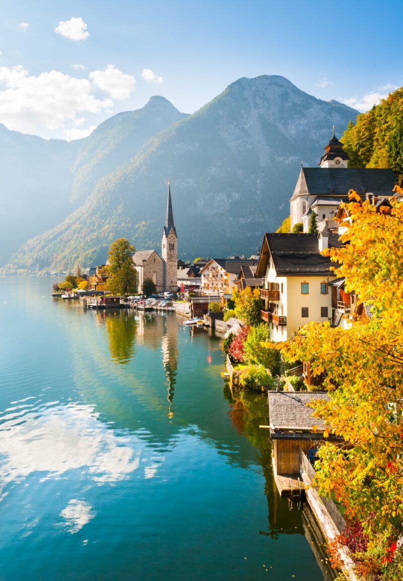 Famous Hallstatt village in Alps mountains, Austria. Beautiful autumn landscape