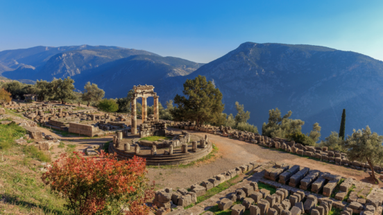 Ruins of Athena Pronaia Temple in Ancient Delphi, Greece, Europe
