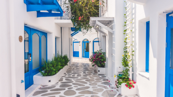 Santorini streets spring time flowers