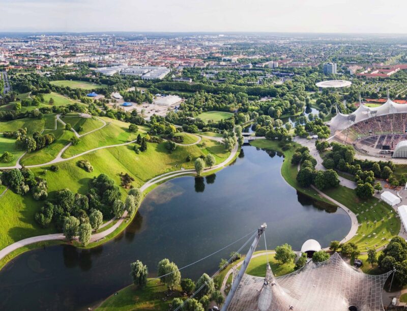 Panoramic view at Stadium of the Olympiapark in Munich, Germany