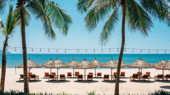 My Khe Beach with parasol and sunbed in Da Nang, Vietnam