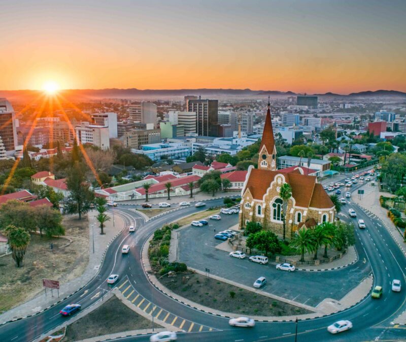An aerial view of Namibia's capital, Windhoek, at sunset.