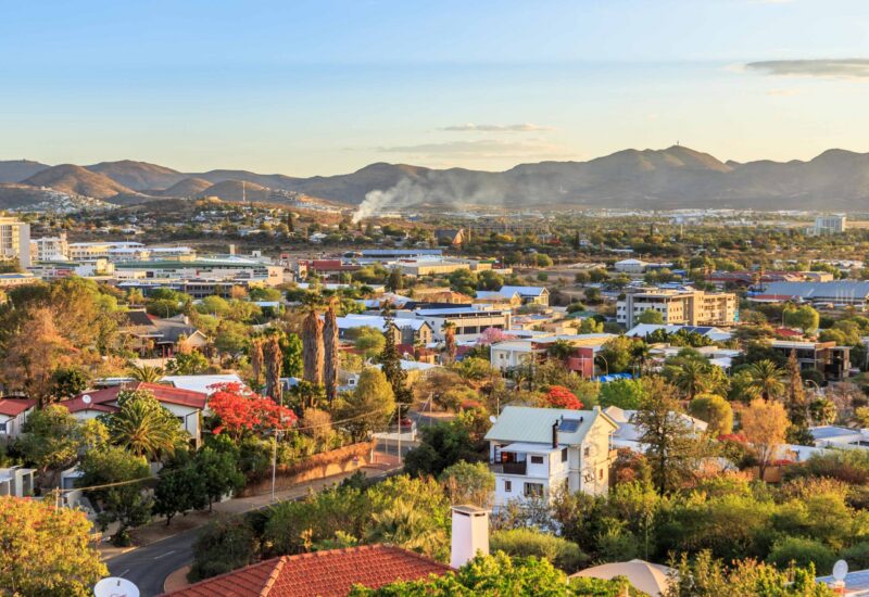 Windhoek rich resedential area quarters on the hills with mountains in the background, Windhoek, Namibia