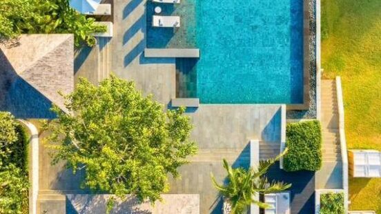 Aerial view of the infinity pool at Raffles Bali