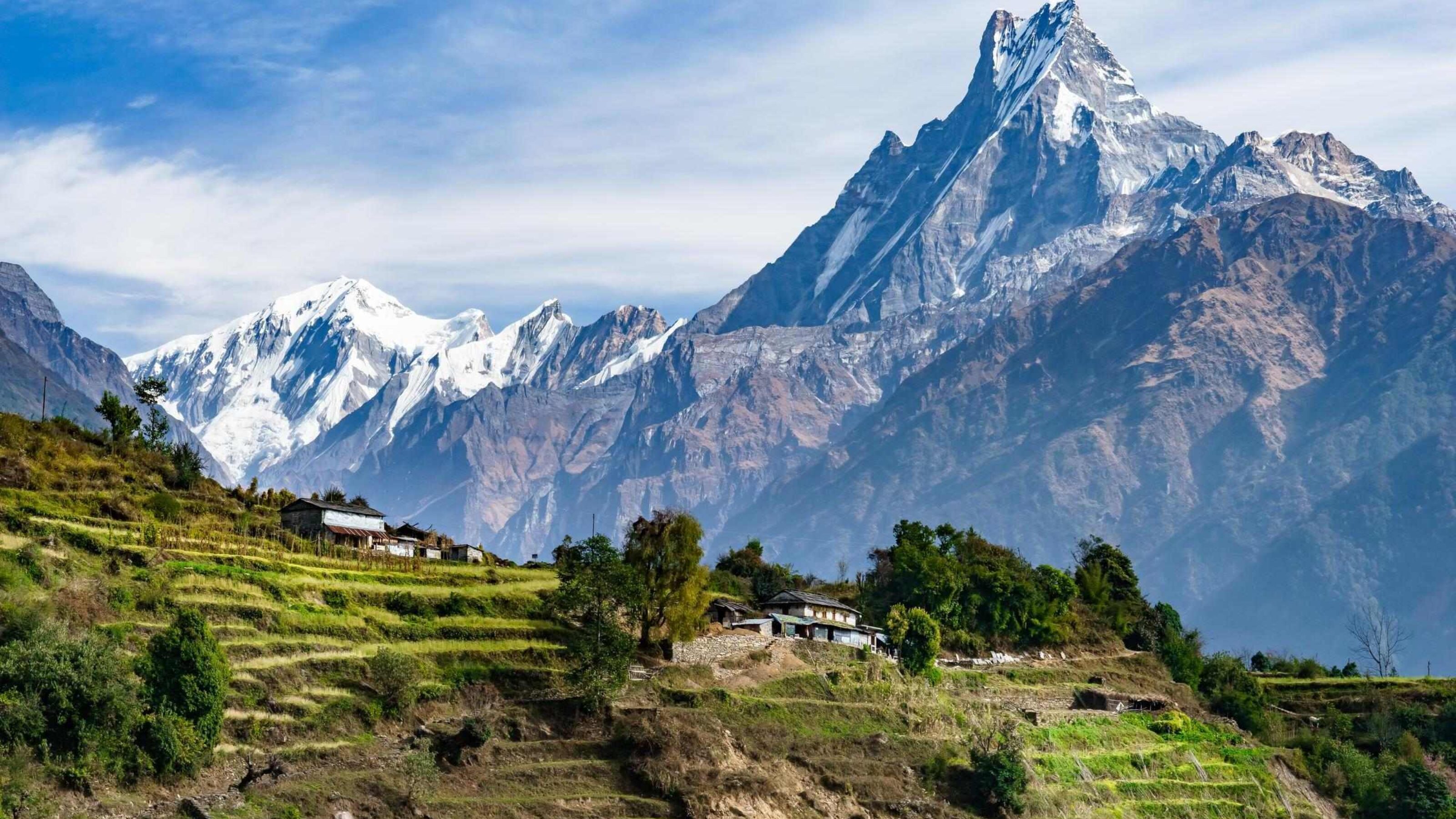 Machhapuchhre and terraced fields in Annapurna, Nepal.