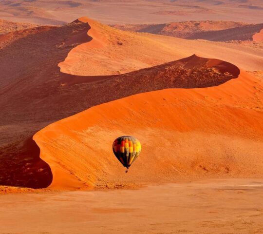 A hot air balloon gives a unique view of Sossusvlei's dunes