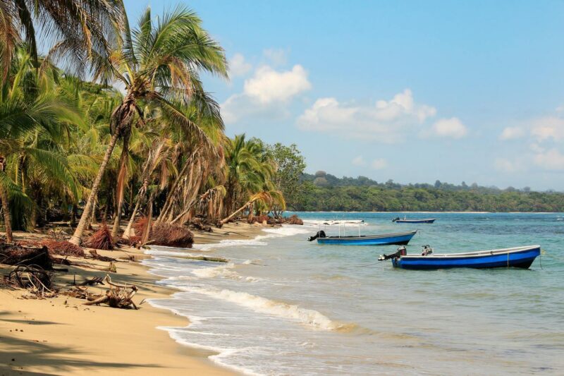 A tropical beach with palm trees and small boats in Puerto Viejo, Costa Rica