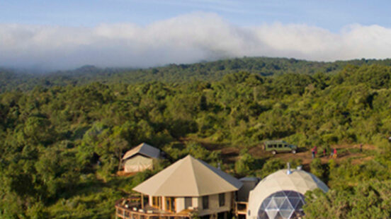 Aerial view of the Highlands tented camp surrounded by forest