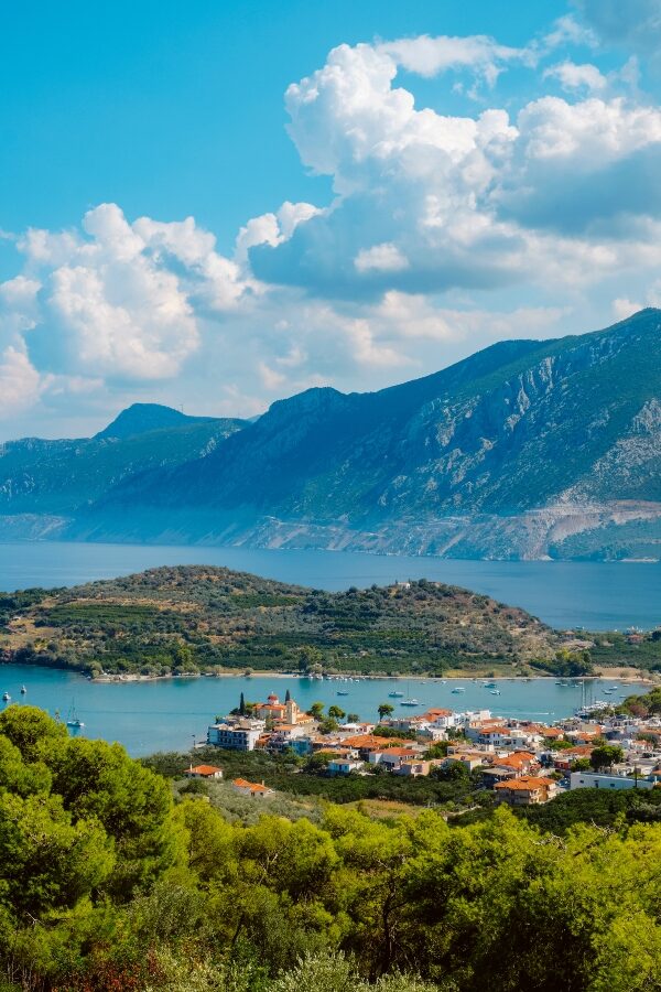 a birds eye view over Palaia Epidavros, in the Aegean sea, Greece