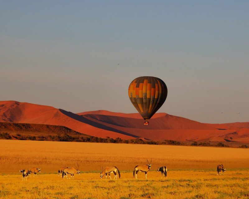 A hot air balloons floating in front of the Sossusvlei dunes in Namibia