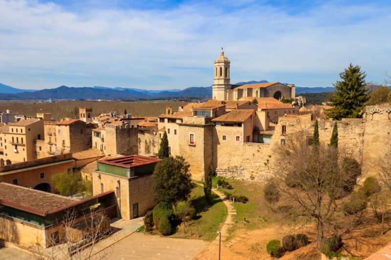 Panoramic view of Girona viewed from the medieval city walls, Catalonia, Spain