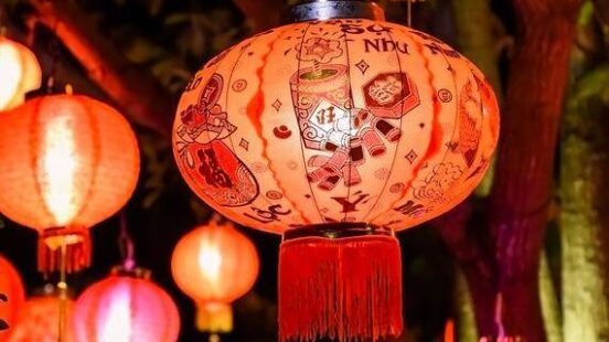Red lanterns lit up to celebrate Lunar New Year in Vietnam