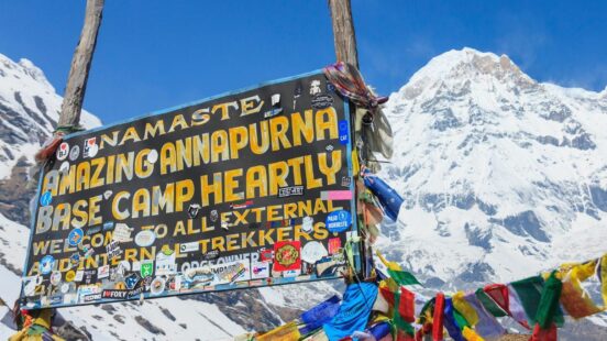 A sign welcoming you to Annapurna base camp in Nepal