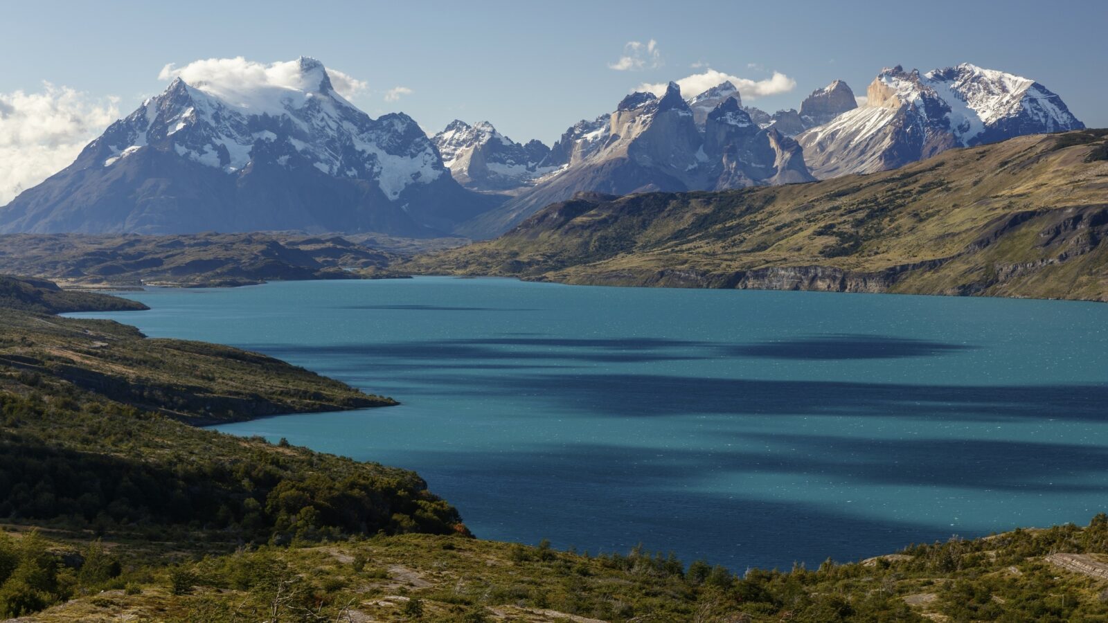 Turquoise glacial lake Lago del Toro in front Torres del Paine National Park