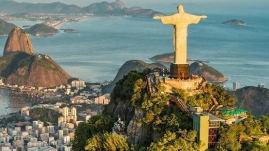 Aerial view of Christ and Rio de Janeiro Brazil