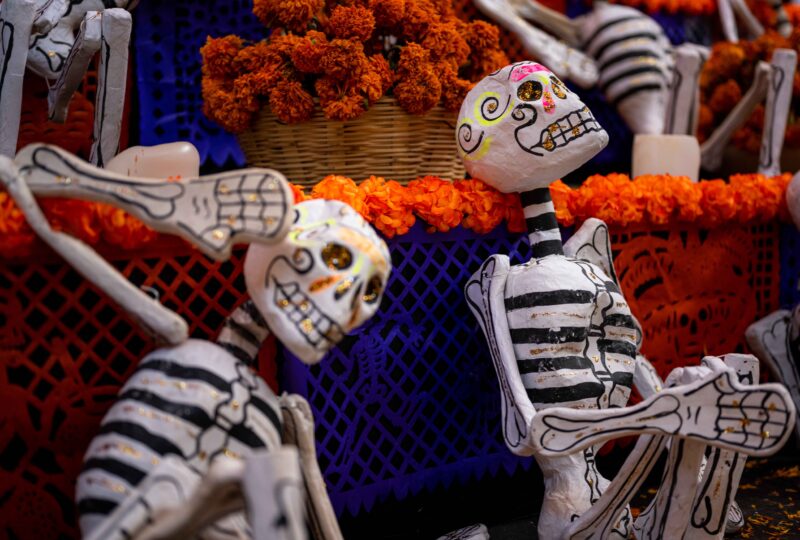 Horizontal photo showcasing a pair of intricately decorated papier-mache skulls, handcrafted by a local artisan, displayed on a vibrant Day of the Dead altar adorned with marigold flowers in Oaxaca City.