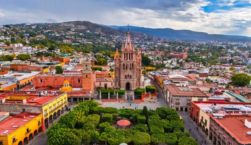 Front aerial view of the San Miguel de Arcangel parish church in San Miguel de Allende, Mexico.