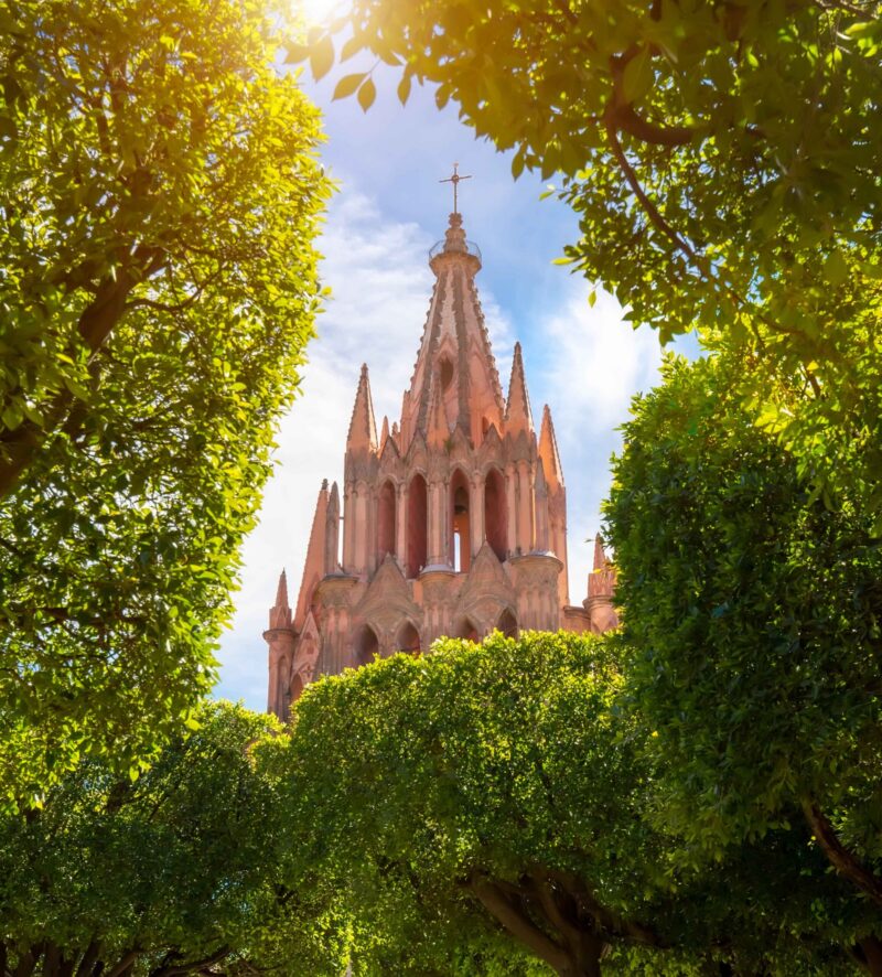 Landmark cathedral of San Miguel Archangel, Parroquia De San Miguel Arcangel, in historic city center of San Miguel De Allende, Mexico .