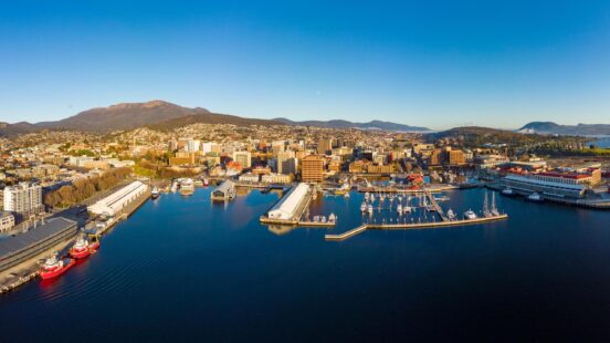 Aerial view of the waterfront in Hobart, Australia