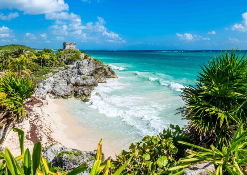 Panoramic View of Caribbean coast and Mayan Ruins. Tulum park. Mexico. Traveling America.