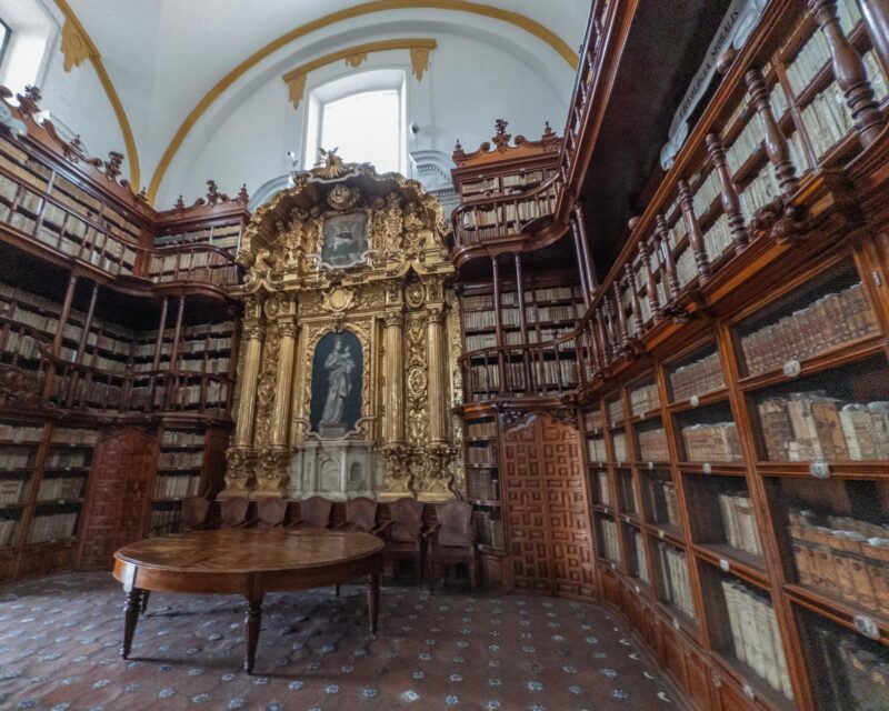 Historic Biblioteca Palafoxiana Library with Ornate Bookshelves in Puebla, Mexico