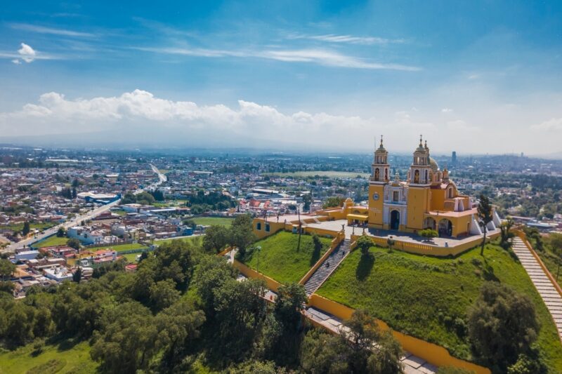 Aerial view of a church and cityscape in Puebla, Mexico