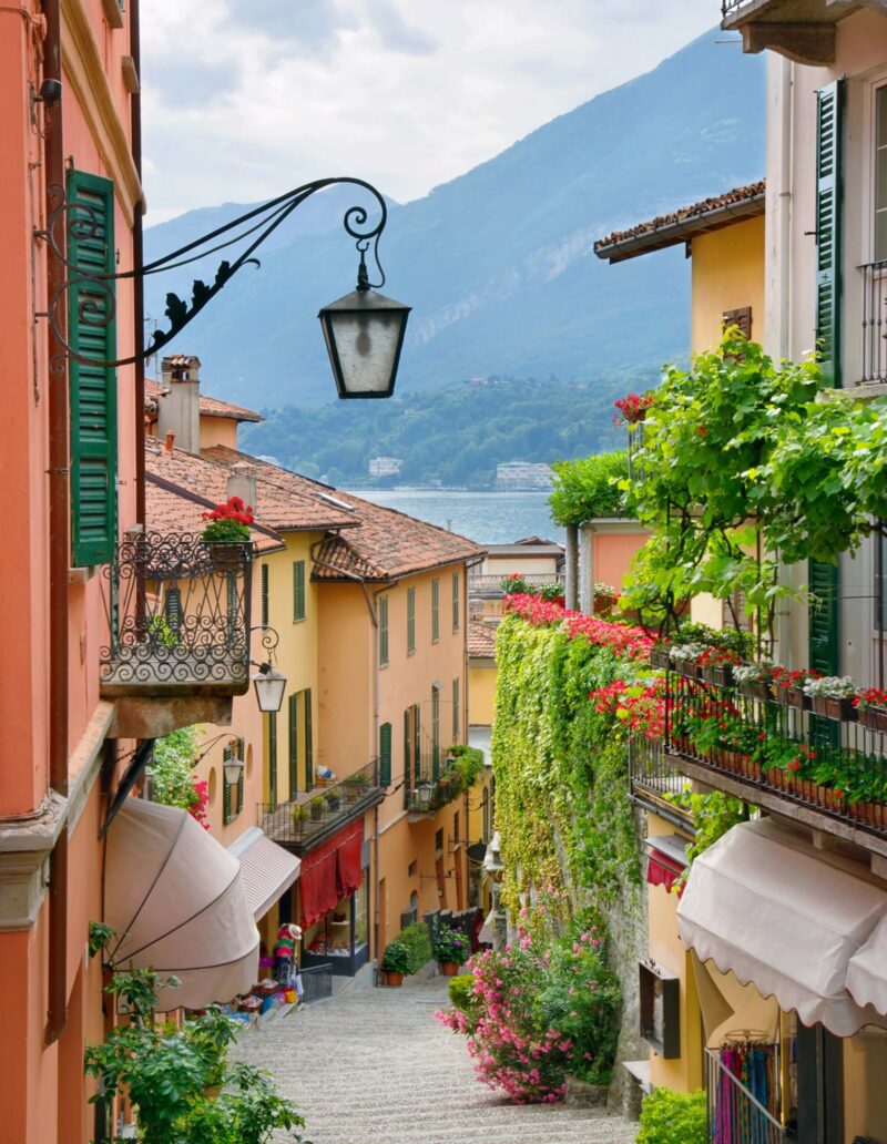 Picturesque small town street view in Bellagio, Lake Como Italy