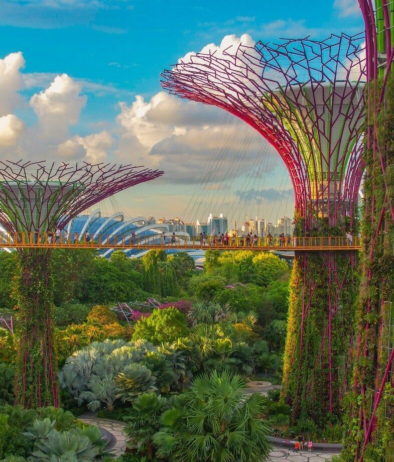 Snowfall over a traditional onsen town in Japan and a sunny stroll through the futuristic Supertree Grove in Singapore.