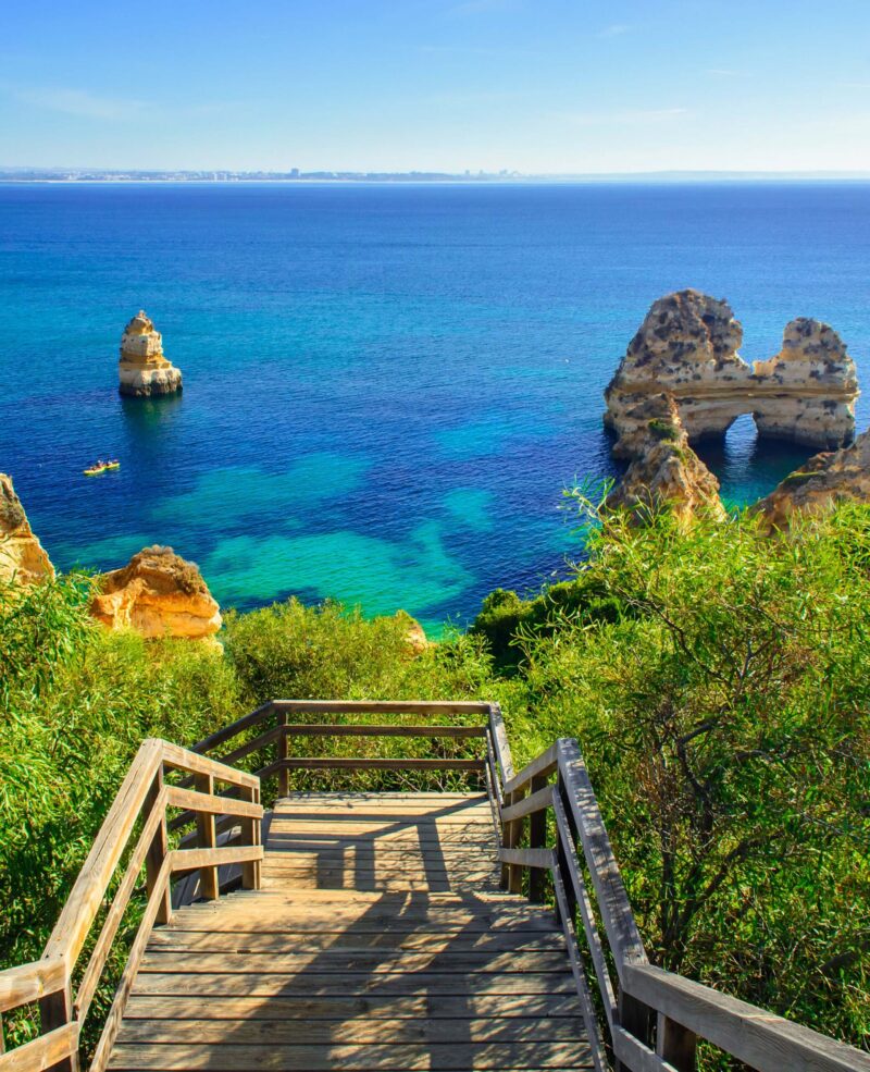 Wooden walkway to secret beach near Lagos on Ponta da Piedade. algarve region, Portugal