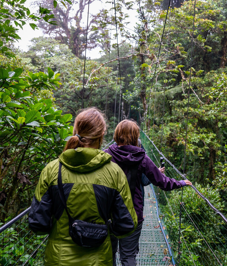 Two people walking across a rope bridge in Costa Rica's cloud forests