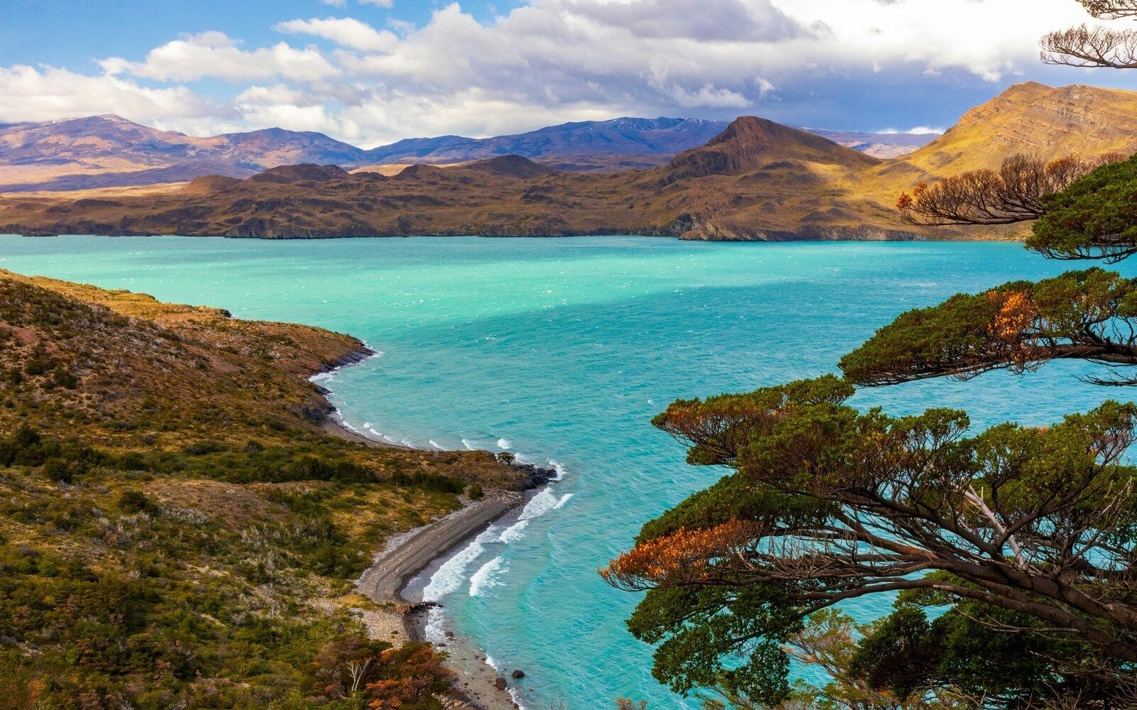 The glacial blue waters and rugged coastline along the W Trek in Torres del Paine National Park, Chile.