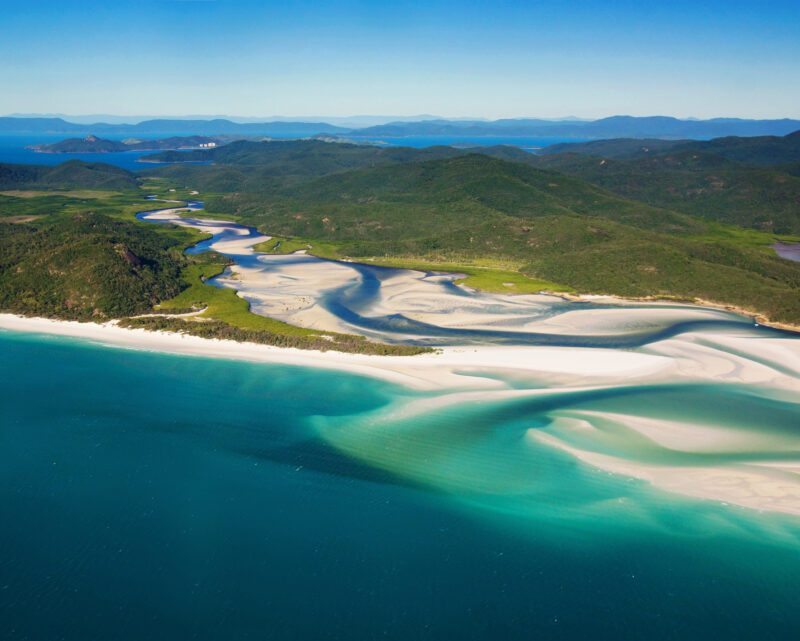 497600391 Beautiful, Airlie Beach, Clear Sky, Natural Landmark, Travel, Tourism, Beauty In Nature, Looking Down, Whitehaven Beach, Inlet, Scenics, Blue, International Landmark, Famous Place, North, Tropical Climate, Nature, Horizontal, Directly Above, Aerial View, High Angle View, Whitsunday Island, Queensland, Australia, Day, Island, Beach, Hill, Landscape, Sea, River, Whitsunday Coast, White Sand Whitehaven Beach and the Hill Inlet, on Whitsunday Island, QLD, Australia. Australia