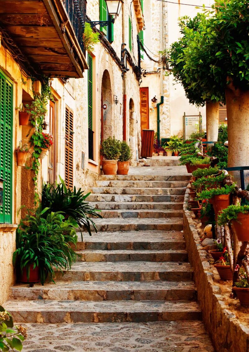 Street in Valldemossa village in Mallorca, Spain