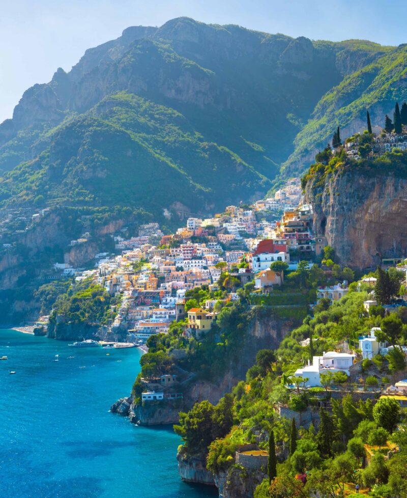 Morning view of Positano cityscape on coast line of mediterranean sea, Italy. High quality photo