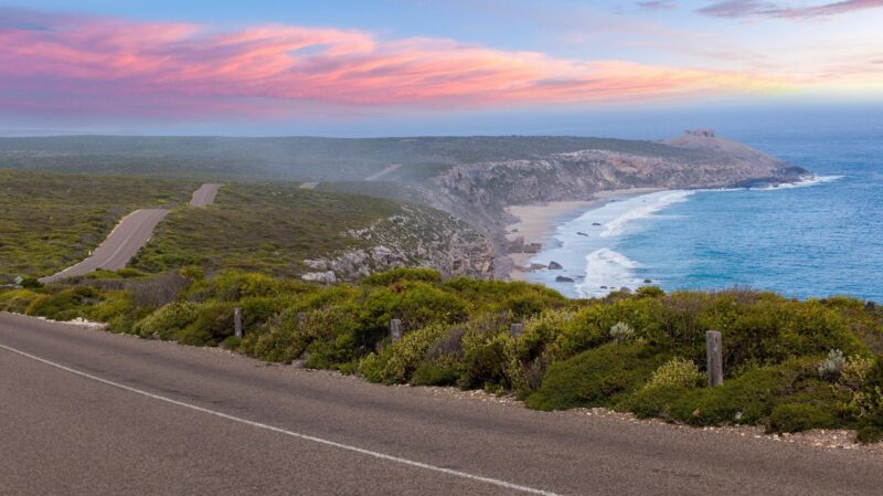 Road leading to Remarkable Rocks among native coastal vegetation at sunset. Flinders Chase National Park, South Australia