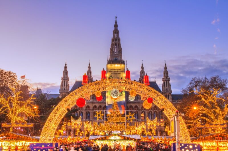 Festive cityscape – view of the Vienna Christmas World and Vienna City Hall (Wiener Rathaus) on Rathausplatz, Austria, 2 December, 2019