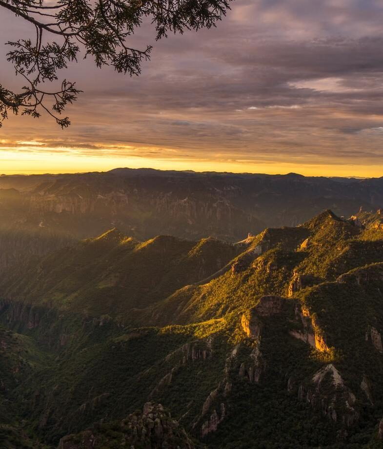 The ancient Zapotec ruins of Monte Albán, Oaxaca, and the vast Copper Canyon during sunset in Chihuahua.