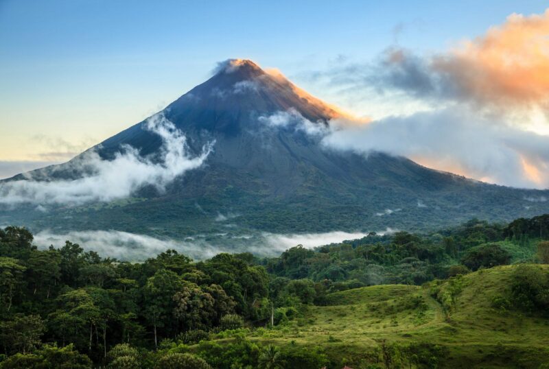 Scenic view of Arenal Volcano in central Costa Rica at sunrise