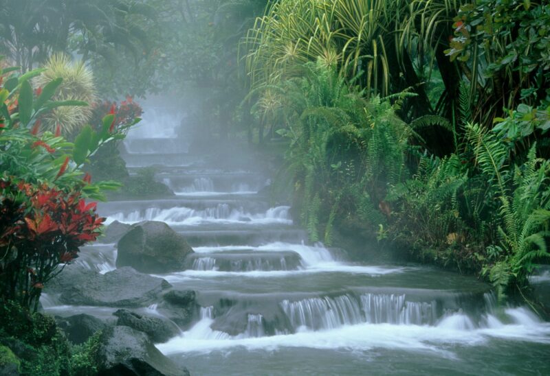 Steaming tiered waterfalls and hot springs surrounded by dense tropical jungle plants on luxury central america tours.