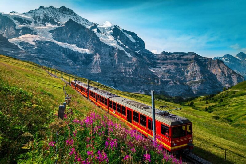 A bright red train on an alpine railway track ascending a green slope, with massive snowy mountains behind, showcasing luxury Europe rail tours.