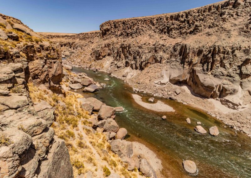 Sumbay river near Pillones waterfall in Altiplano of Peru