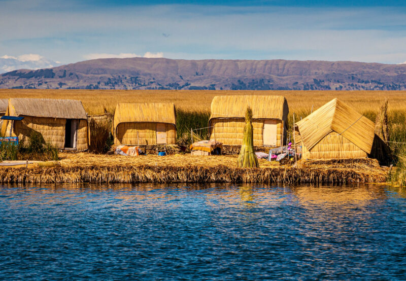 Peru Lake Titicaca, near Puno, Los Uros, the floating islands constructed of reeds.