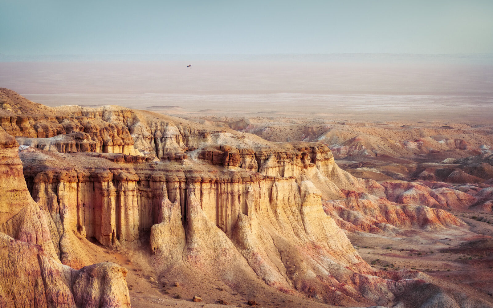 The golden cliffs of the Gobi Desert in Central Mongolia.
