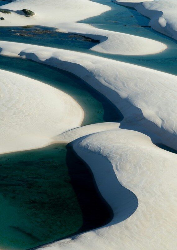 Aerial view of sand dunes and lagoons at Lençóis Maranhenses