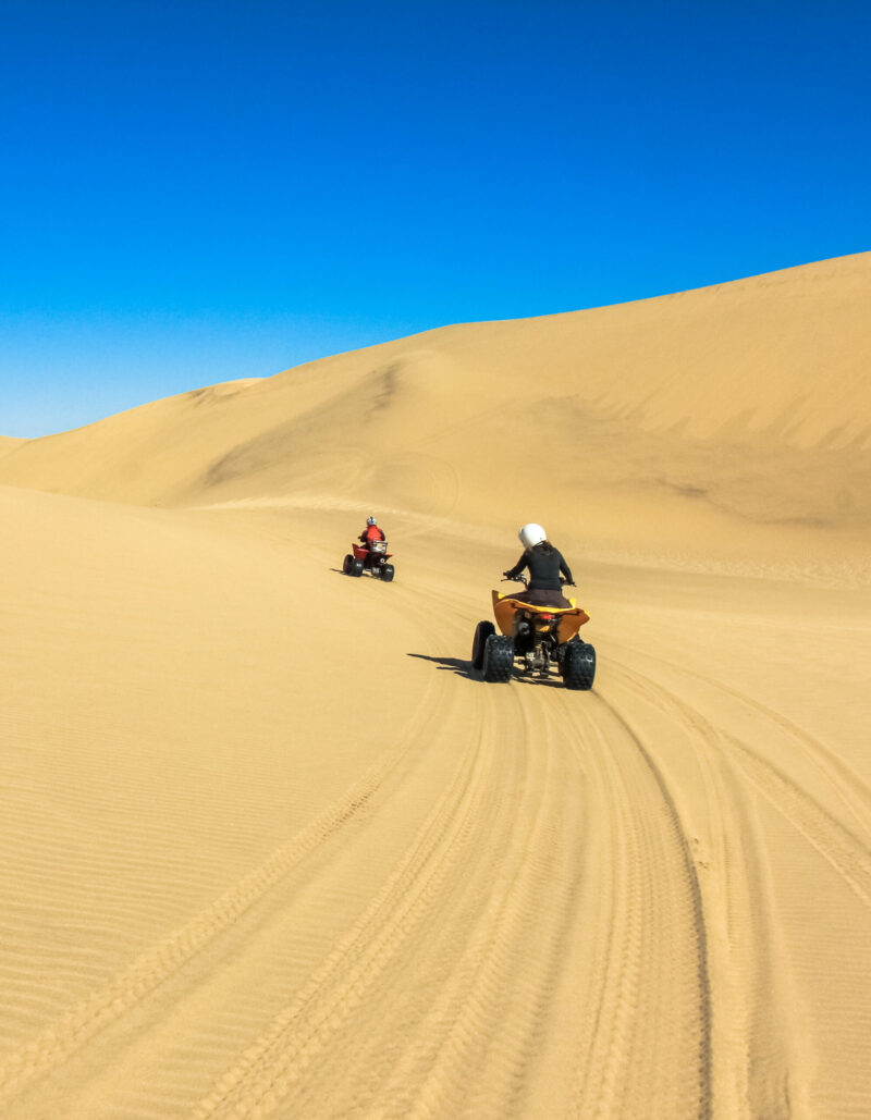 Two quad bikers ride across the dunes.