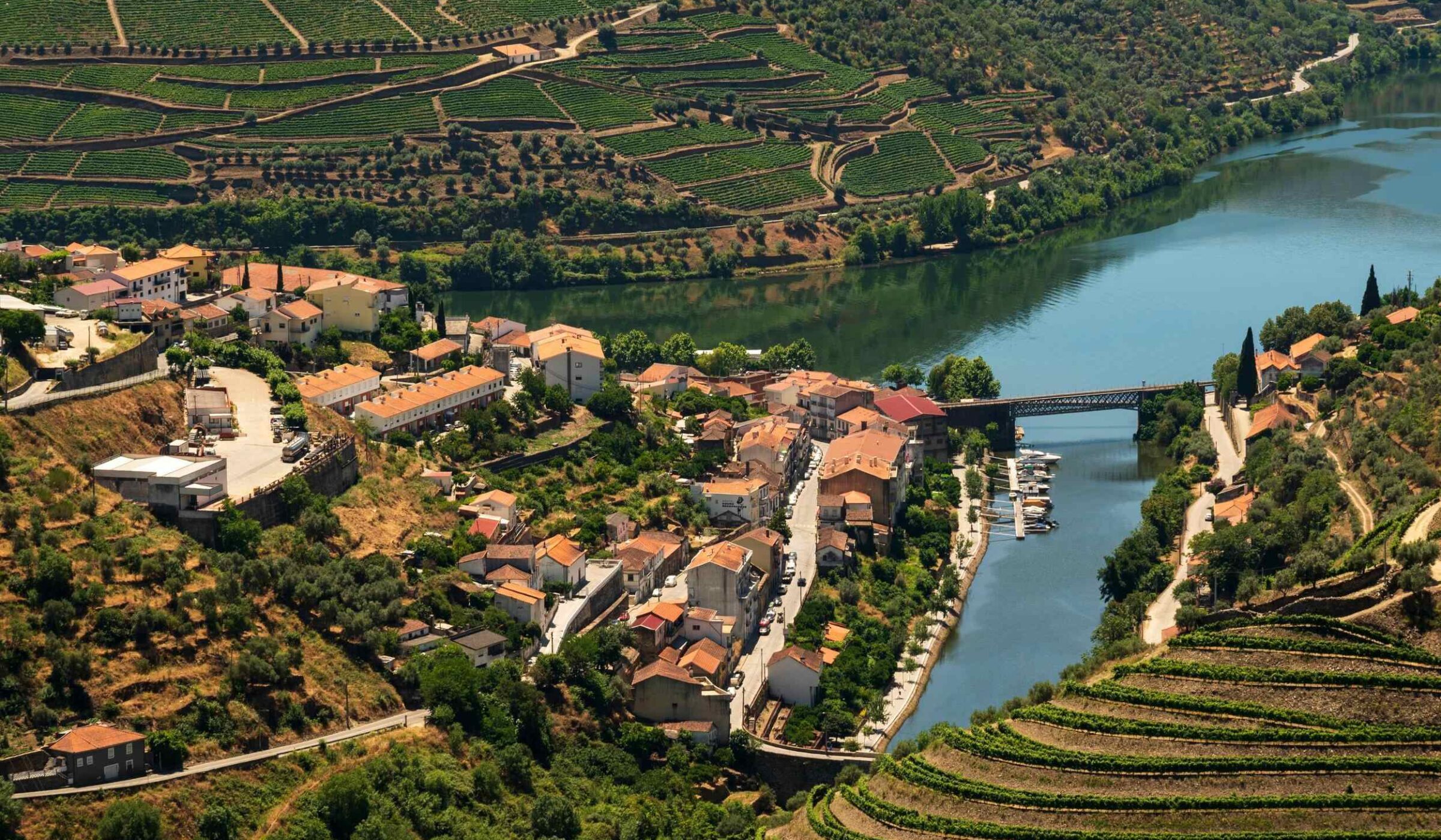 An aerial view of a village in the Douro Valley, Portugal.