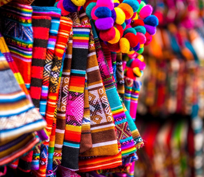 Closeup of light striped handbags with weaves on the souvenir store in Bolivia