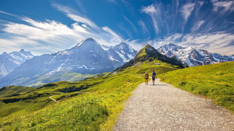 Young couple hiking in panorama trail leading to Kleine Scheidegg from Mannlichen with Eiger, Monch and Jungfrau mountain (Swiss Alps) in the background, Berner Oberland, Grindelwald, Switzerland. summit, switzerland, jungfrau, hiking, destination, trail, stone, express, north, travel, climbing, rock, attraction, holiday, scenery, glacier, cable, summer, alpine, vehicle, alps, train, adrenaline, panorama, public, mountain, railway, transportation, swiss, eiger, tourism, extreme, locomotive, snow, peak, carriage, nature, vacation, journey, europe, railroad, alps, swiss, landscape, monch, mannlichen, eiger, jungfraujoch