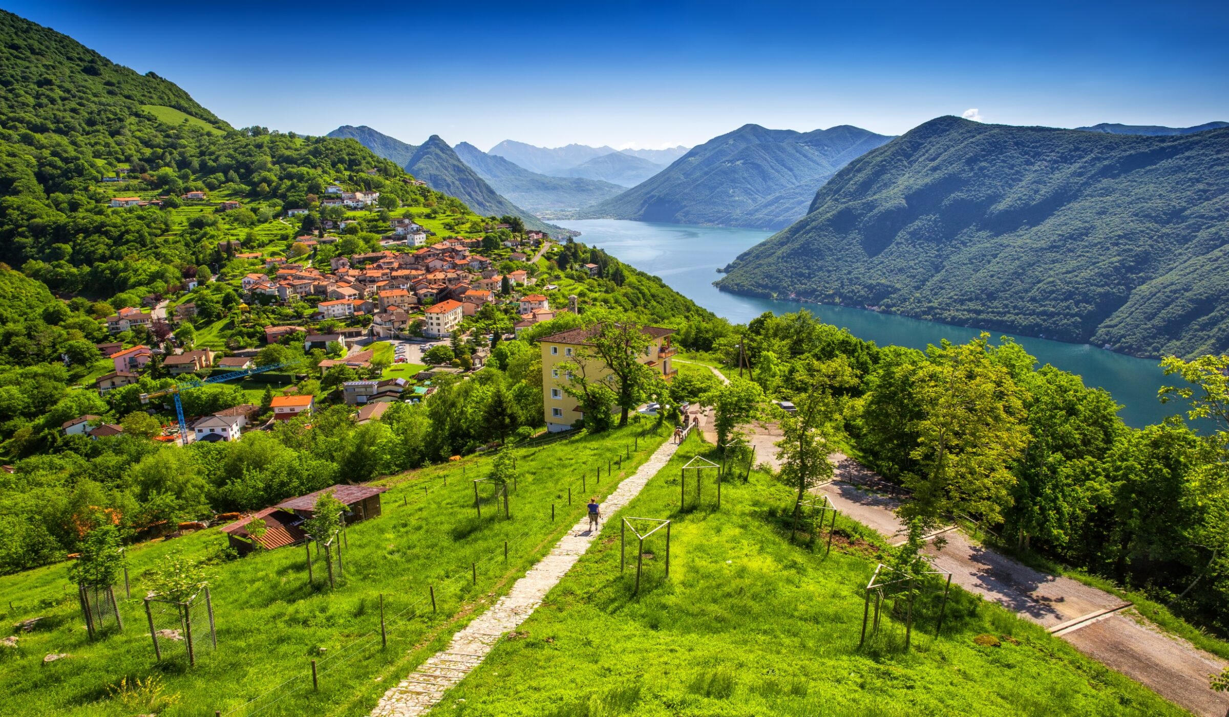 View to Lugano city, Lugano lake and Monte San Salvatore from Monte Bre