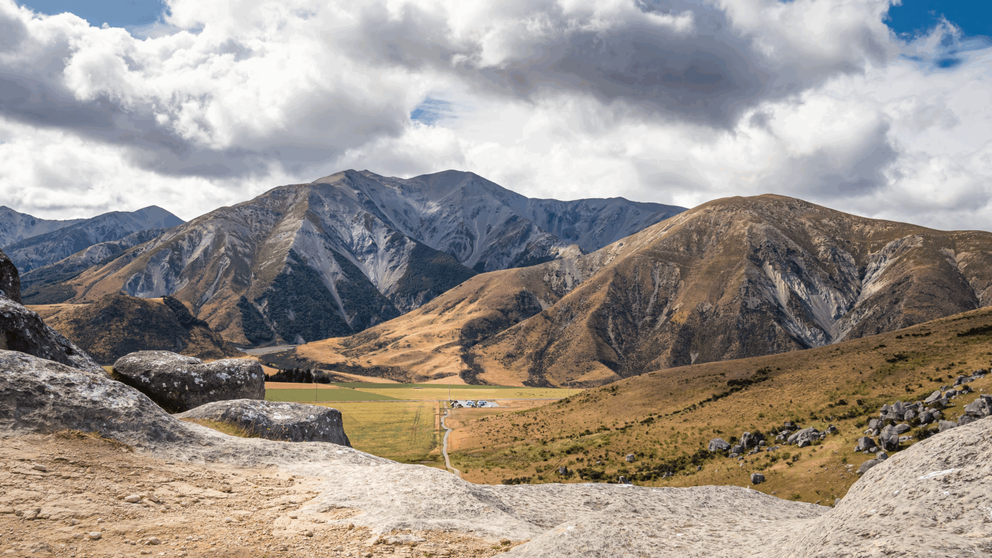 Aerial view of Castle Hill Peak from the top of Kura Tawhiti rock in Arthur's Pass National Park, New Zealand.